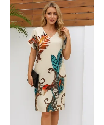 Kadın Kısa Kollu V Yakalı Desenli Mini Atlas Elbise