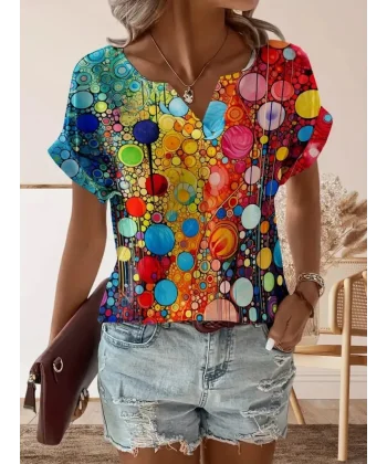 Kadın Kısa Kollu V Yakalı Desenli Süprem Bluz