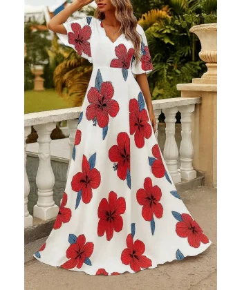 Kadın Kısa Kollu V Yakalı Desenli Süprem Elbise