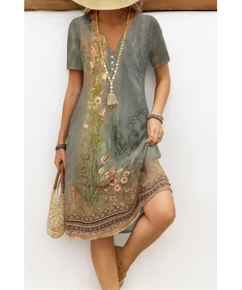 Kadın Kısa Kollu V Yakalı Desenli Süprem Elbise