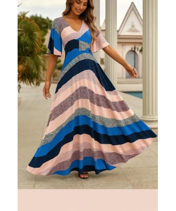 Kadın Kısa Kollu V Yakalı Desenli Süprem Elbise