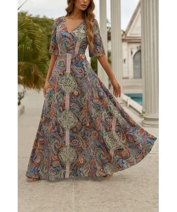 Kadın Kısa Kollu V Yakalı Desenli Süprem Elbise