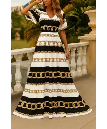 Kadın Kısa Kollu V Yakalı Desenli Süprem Elbise