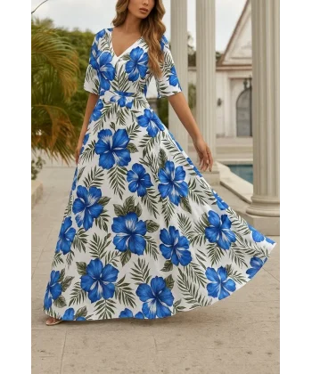 Kadın Kısa Kollu V Yakalı Desenli Süprem Elbise