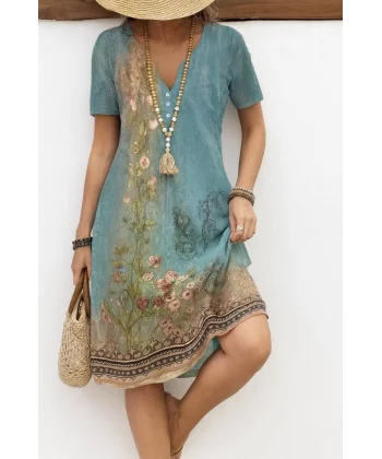 Kadın Kısa Kollu V Yakalı Desenli Süprem Elbise