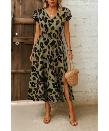 Kadın Kısa Kollu V Yakalı Desenli Yandan Yırtmaçlı Süprem Elbise