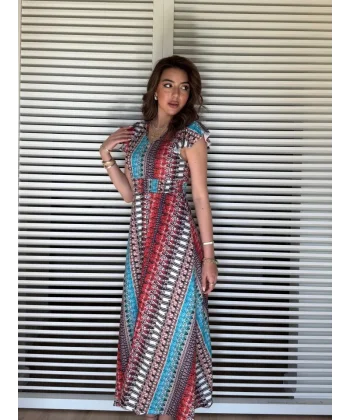 Kadın Kısa Kollu V Yakalı Desenli Yandan Yırtmaçlı Süprem Elbise