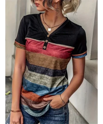 Kadın Kısa Kollu V Yakalı Düğmeli çok Renkli Süprem Bluz