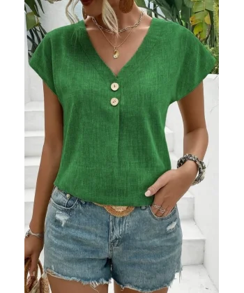 Kadın Kısa Kollu V Yakalı Düğmeli Keten Bluz