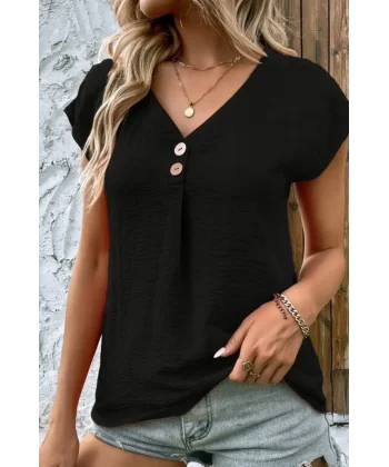 Kadın Kısa Kollu V Yakalı Düğmeli Keten Bluz