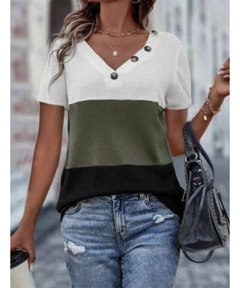 Kadın Kısa Kollu V Yakalı Düğmeli Waffle Bluz