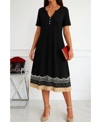 Kadın Kısa Kollu V Yakalı Etek Ucu Desenli Viskon Elbise