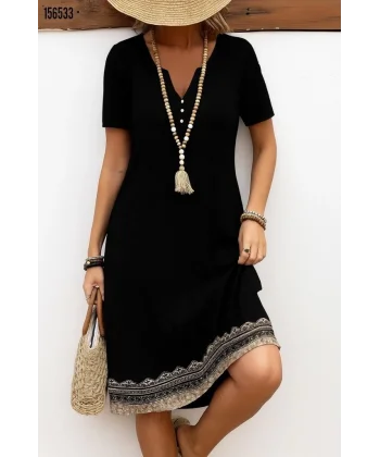 Kadın Kısa Kollu V Yakalı Etek Ucu Desenli Viskon Elbise