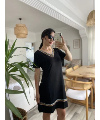 Kadın Kısa Kollu V Yakalı Etnik Desen şerit Detaylı Viskon Elbise