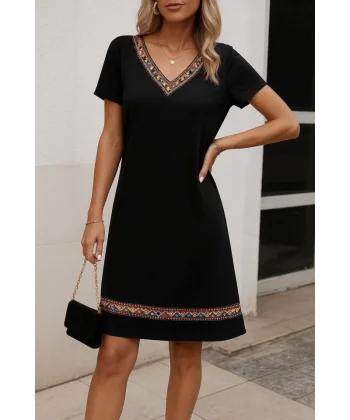 Kadın Kısa Kollu V Yakalı Etnik Desen şerit Detaylı Viskon Elbise