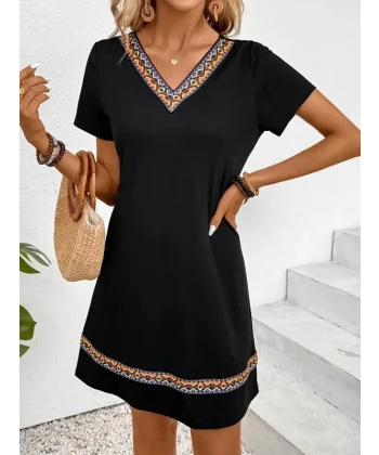 Kadın Kısa Kollu V Yakalı Etnik Desen şerit Detaylı Viskon Elbise