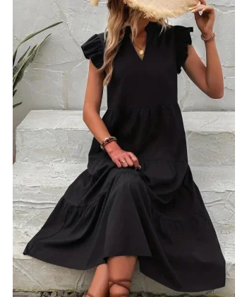 Kadın Kısa Kollu V Yakalı Geniş Kesim Uzun Trikoton Elbise