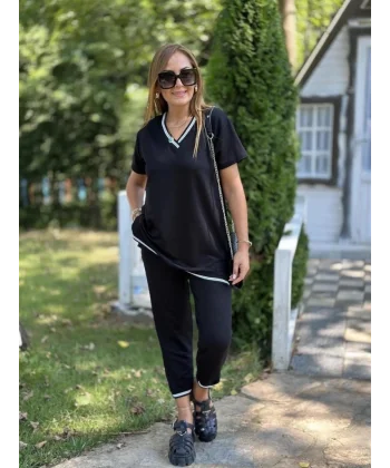 Kadın Kısa Kollu V Yakalı Iki Iplik Bluz Ve Pantolon Ikili Takım