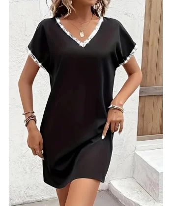 Kadın Kısa Kollu V Yakalı Janjan Krep Elbise