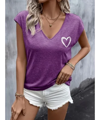 Kadın Kısa Kollu V Yakalı Kalp Baskılı Viskon Bluz