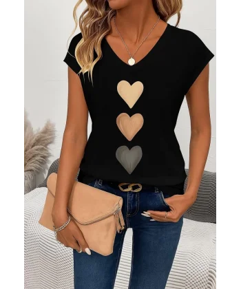 Kadın Kısa Kollu V Yakalı Kalp Desen Viskon Bluz