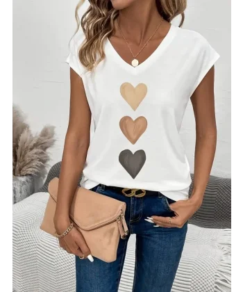 Kadın Kısa Kollu V Yakalı Kalp Desen Viskon Bluz