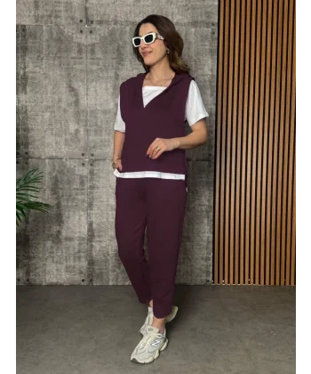 Kadın Kısa Kollu V Yakalı Kapşonlu Viskon Iki Iplik Bluz Ve Pantolon Takım