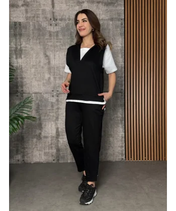 Kadın Kısa Kollu V Yakalı Kapşonlu Viskon Iki Iplik Bluz Ve Pantolon Takım