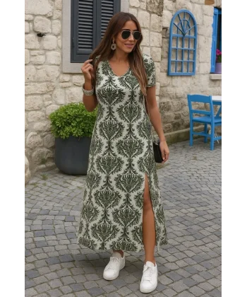 Kadın Kısa Kollu V Yakalı Maksi Boy Viskon Elbise