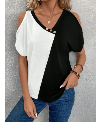 Kadın Kısa Kollu V Yakalı Omuzları Açık Düğme Detay Viskon Bluz