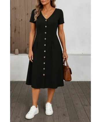 Kadın Kısa Kollu V Yakalı önden Düğmeli A Kesim Dokuma Elbise