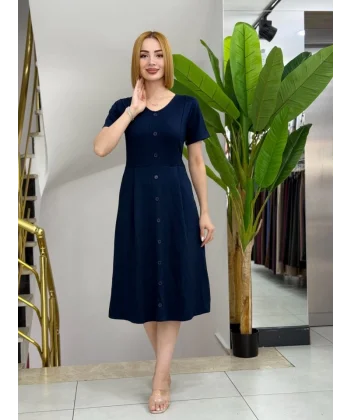Kadın Kısa Kollu V Yakalı önden Düğmeli A Kesim Dokuma Elbise