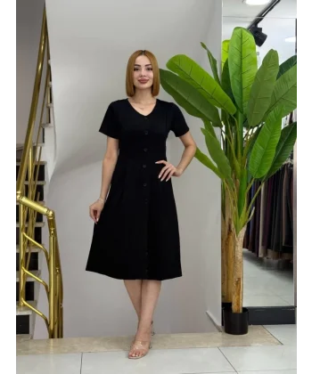 Kadın Kısa Kollu V Yakalı önden Düğmeli A Kesim Dokuma Elbise