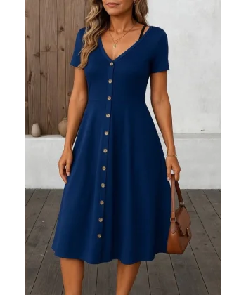Kadın Kısa Kollu V Yakalı önden Düğmeli A Kesim Dokuma Elbise