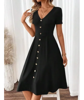 Kadın Kısa Kollu V Yakalı önden Düğmeli A Kesim Dokuma Elbise