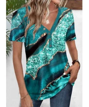 Kadın Kısa Kollu V Yakalı önden Düğmeli Baskılı Süprem Bluz