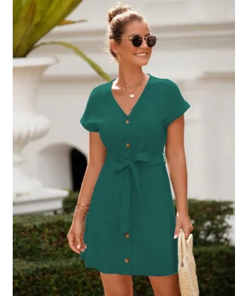 Kadın Kısa Kollu V Yakalı önden Düğmeli Belden Kuşaklı Cepli Sofya Elbise
