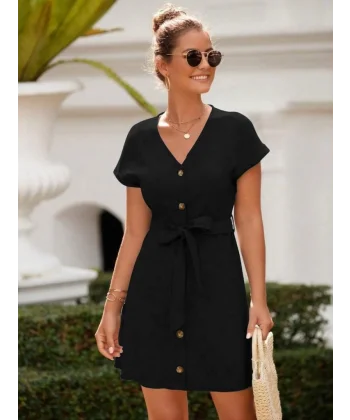 Kadın Kısa Kollu V Yakalı önden Düğmeli Belden Kuşaklı Cepli Sofya Elbise