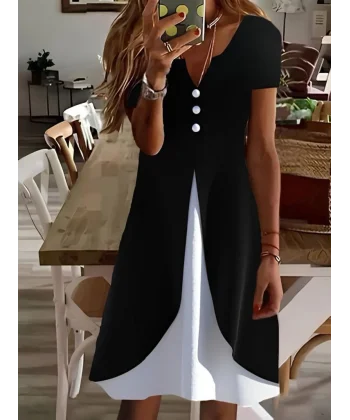 Kadın Kısa Kollu V Yakalı önden Düğmeli çift Renkli Viskon Elbise