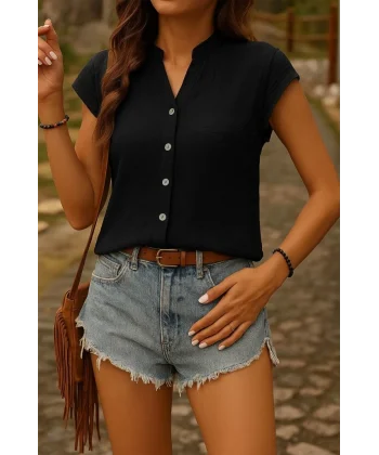 Kadın Kısa Kollu V Yakalı önden Düğmeli Müslim Gömlek