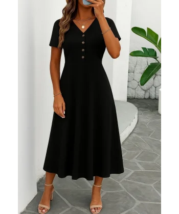 Kadın Kısa Kollu V Yakalı önden Düğmeli Yırtmaçlı Midi Viskon Elbise