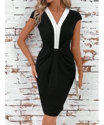 Kadın Kısa Kollu V Yakalı önden Pile Detaylı Ithal Krep Elbise