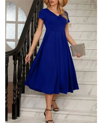 Kadın Kısa Kollu V Yakalı önden Pileli Midi Janjan Krep Elbise