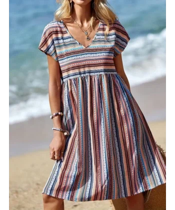 Kadın Kısa Kollu V Yakalı Pile Detay Keten Elbise