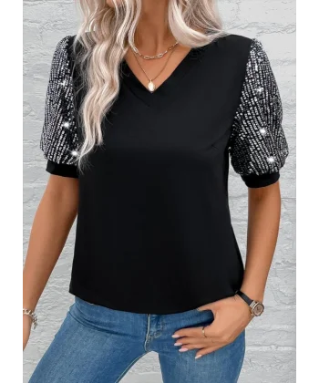 Kadın Kısa Kollu V Yakalı Pul Payet Detaylı Viskon Bluz