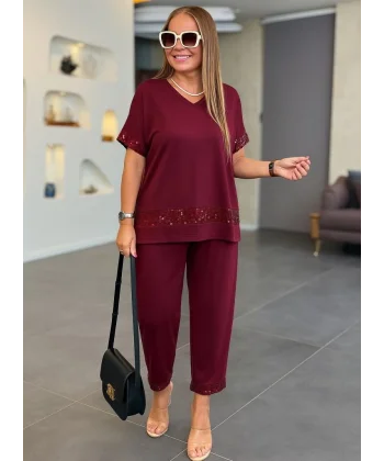 Kadın Kısa Kollu V Yakalı Pul Payetli Viskon Iki Iplik Bluz Ve Pantolon Ikili Takım