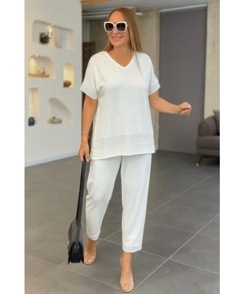 Kadın Kısa Kollu V Yakalı Pul Payetli Viskon Iki Iplik Bluz Ve Pantolon Ikili Takım