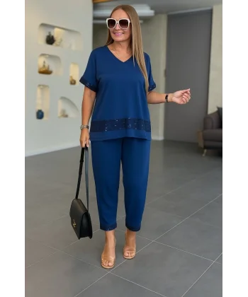 Kadın Kısa Kollu V Yakalı Pul Payetli Viskon Iki Iplik Bluz Ve Pantolon Ikili Takım