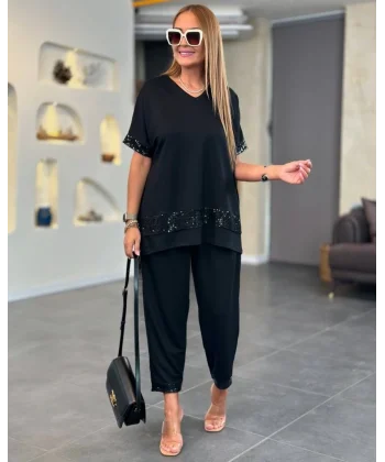 Kadın Kısa Kollu V Yakalı Pul Payetli Viskon Iki Iplik Bluz Ve Pantolon Ikili Takım