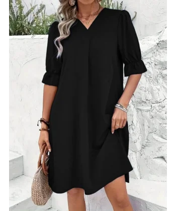 Kadın Kısa Kollu V Yakalı Salaş Janjan Krep Elbise